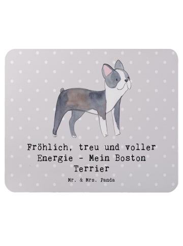 Mr. & Mrs. Panda Mauspad Boston Terrier Freude mit Spruch in Grau Pastell