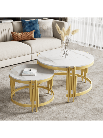 ABRIHOME Couchtisch in Weiß 2  Tische in Marmoroptik mit goldenem Metallrahmen