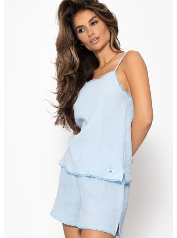 SASSYCLASSY Musselin Pyjamatop mit Spitzenborte in Blau