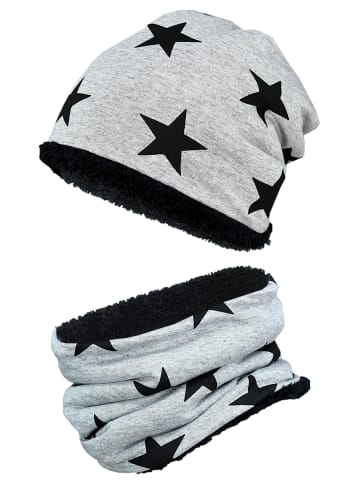 TupTam Unisex Set Kinder Beanie Mütze Schlauchschal in grau/schwarz