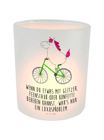 Mr. & Mrs. Panda Windlicht Glas Einhorn Radfahrer mit Spruch in Transparent