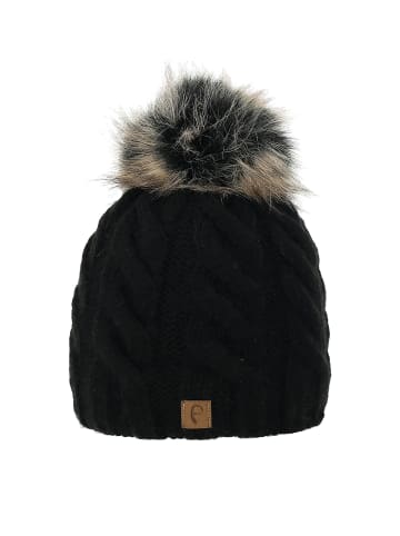 Faera Warmes Beanie mit Kunstfell Bommel Zopfmuster in Schwarz
