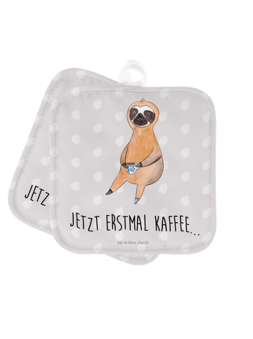 Mr. & Mrs. Panda Ofenhandschuhe Faultier Kaffee mit Spruch in Grau Pastell
