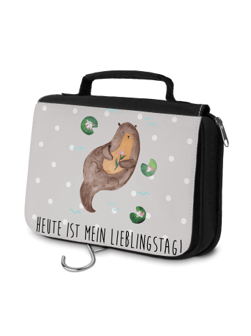 Mr. & Mrs. Panda Kulturtasche Otter Seerose mit Spruch in Grau Pastell