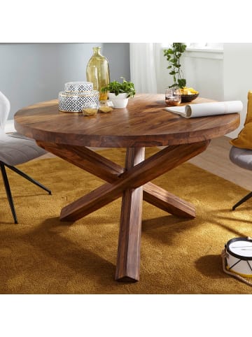 KADIMA DESIGN Runder Massivholz Esstisch, 120 cm, Kreuzbeine, handgefertigt in Braun