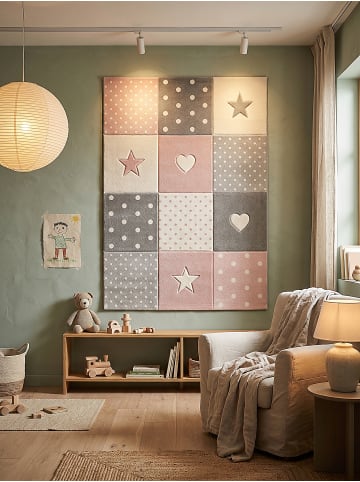 KADIMA DESIGN IDRO Kinderteppich Pink 120x170 Sterne Polypropylen Kinderzimmer in Pink