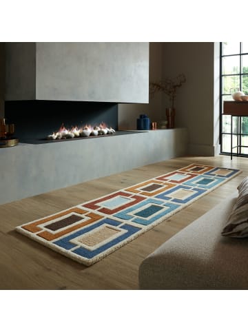 KADIMA DESIGN Wollteppich Geometrisch, Retro-Stil, Wohnzimmer in Multicolor-Blau