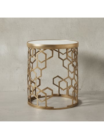 KADIMA DESIGN Beistelltisch "Alba": Marmorstruktur, goldfarbenes Metallgestell, 44 cm