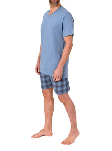 NORMANN Schlafanzug kurzarm Shorty mit karierter Jersey Hose in blau