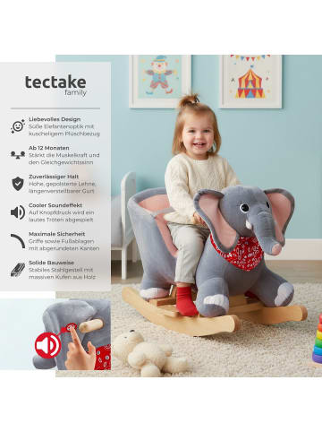 tectake Schaukeltier Elefant, weicher Plüschbezug, mit Sicherheitsgurt, grau