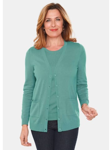 GOLDNER Kurzgröße: Strickset aus Jacke, Halbarmpullover in eukalyptus