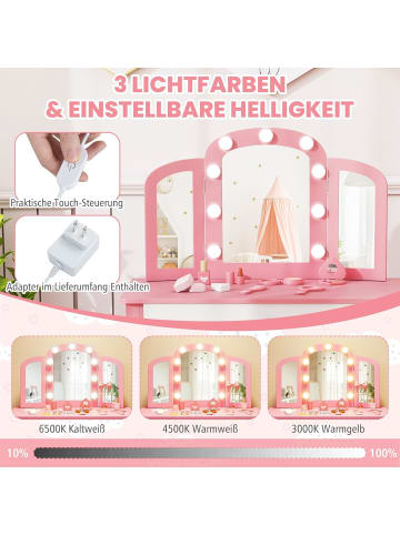 COSTWAY 2 in 1 Kinder Schminktisch mit Beleuchtung ab 3 Jahren in Rosa