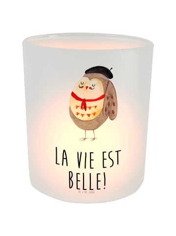 Mr. & Mrs. Panda Windlicht Glas Eule Frankreich mit Spruch in Transparent