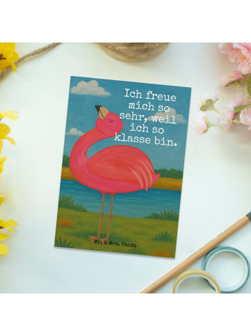 Mr. & Mrs. Panda Postkarte Flamingo Stolz Design mit Spruch in Weiß