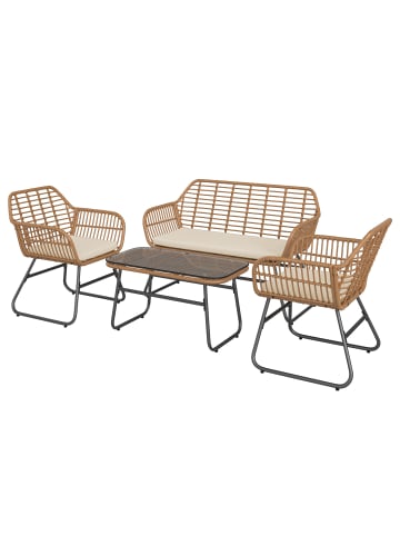 home24 home24 Loungeset 4-teilig Braun / Beige - Polyrattan, Polyester & Eisen mit Glasplatte in Braun / Beige