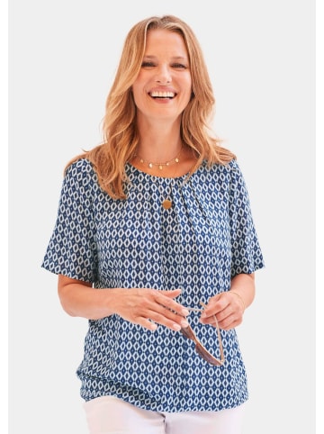 GOLDNER Kurzgröße:  Farbbrillante Druckbluse mit liebevollen Details in marine / weiß