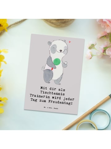 Mr. & Mrs. Panda Postkarte Tischtennis Trainerin Freudentag mit ... in Grau Pastell