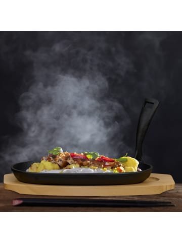 relaxdays 2 x Servierpfanne mit Holzuntersetzer in Schwarz/ Natur