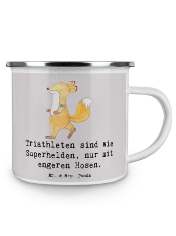 Mr. & Mrs. Panda becher emaille Triathlon Superheld mit Spruch in Grau Pastell