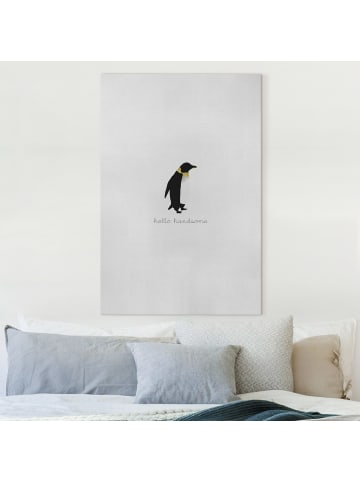 WALLART Leinwandbild - Pinguin Zitat Hello Handsome in Schwarz-Weiß
