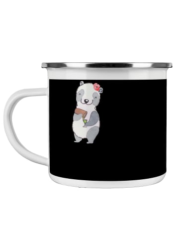 Mr. & Mrs. Panda Camping Emaille Tasse Junggesellinnenabschied E... in Schwarz