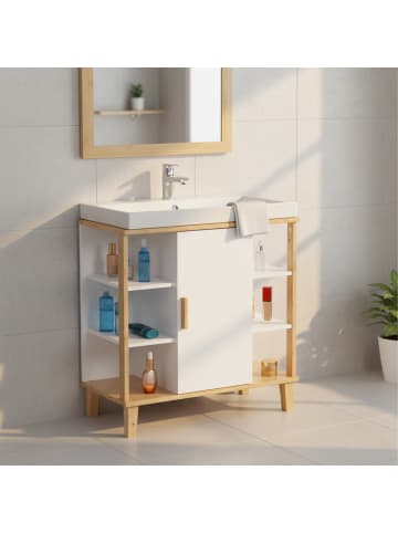 relaxdays Waschbeckenunterschrank in Weiß/ Natur - (B)64 x (H)65 x (T)31 cm