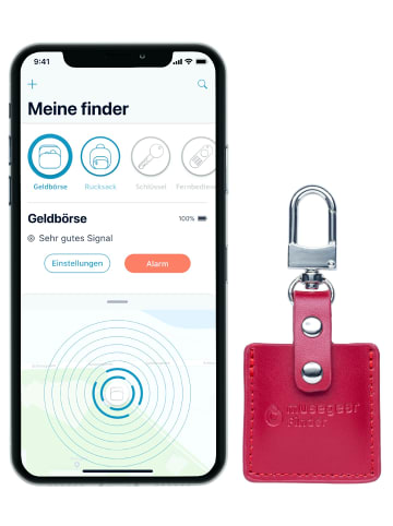 musegear Bluetooth-Schlüsselfinder "Finder 2" in bordeaux roter Ledertasche