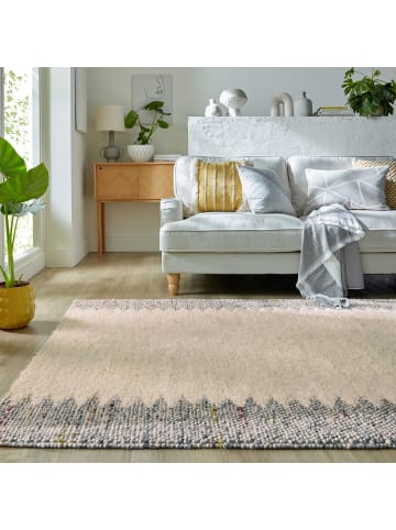 KADIMA DESIGN Wollteppich mit Noppeneffekt und geometrischem Bordürendesign in Beige-Grau