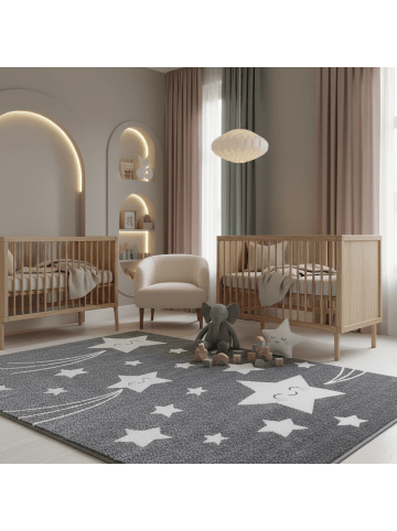 KADIMA DESIGN Kinderteppich Waschbar Sterne TASNA Strapazierfähig OEKO-TEX in Grau
