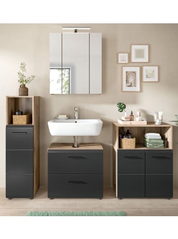 Inn.Furn Badmöbel-Set 4-teilig schwarz matt, Eiche Nox, Badezimmerschränke Set 180 cm