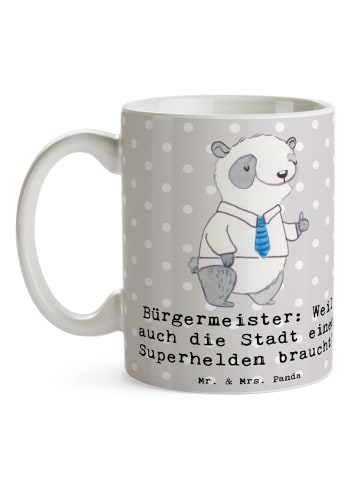 Mr. & Mrs. Panda Kaffeetasse Bürgermeister Superheld mit Spruch in Grau Pastell