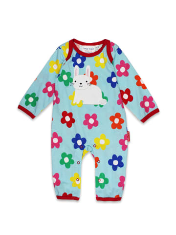 Toby Tiger Strampler mit Regenbogenblumen Print mit Häschen Applikation in blau