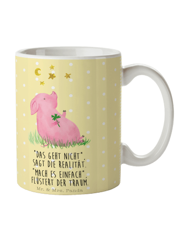 Mr. & Mrs. Panda Becher Schwein Glück mit Spruch in Gelb Pastell