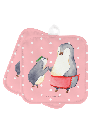 Mr. & Mrs. Panda 2er Set Topflappen  Pinguin mit Kind ohne Spruch in Rot Pastell