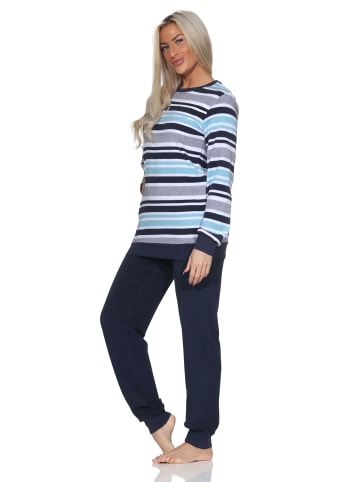 NORMANN Frottee Schlafanzug langarm Bündchen Streifenoptik in hellblau