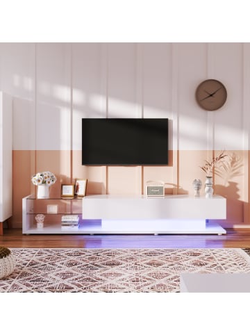 ABRIHOME TV Schrank in Hochglanz Weiß mit Glastrennwänden und LED Beleuchtung