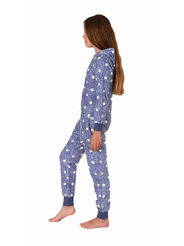 NORMANN Jumpsuit Schlafanzug Overall Coralfleece Tupfen - 76790 in blau