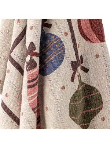 Bloomingville Decke ORNAMENTIA mit Tannenbaumschmuck Weinrote Quasten 160x130 cm