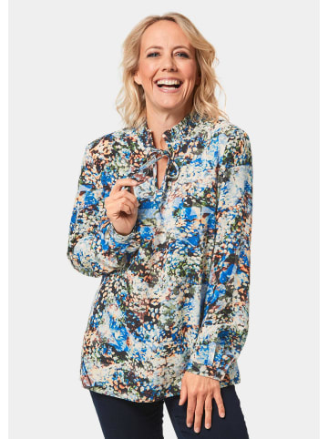 GOLDNER Kurzgröße:  Bluse Druckbluse mit raffiniertem Ausschnitt in schwarz / azurblau / gemustert