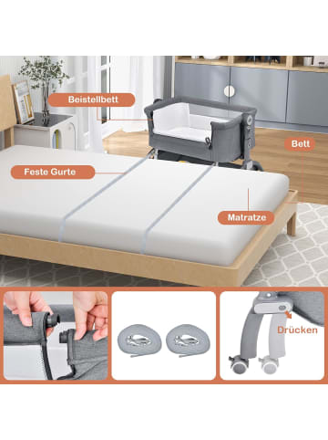 COSTWAY 3 in 1 Beistellbett mit Matratze 0-6 Monate in Grau