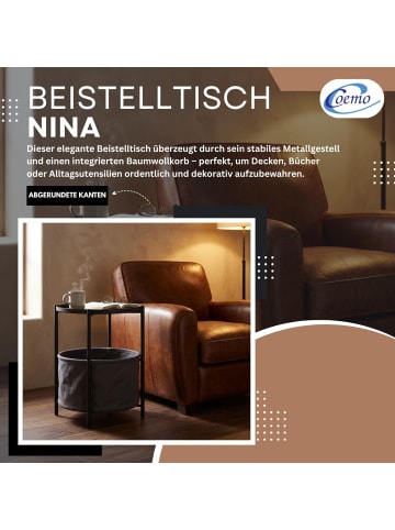 Coemo Beistelltisch Nina mit Canvas Korb - Metallgestell in Schwarz