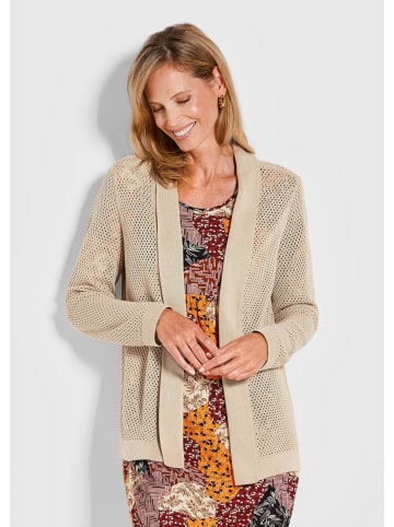 GOLDNER Kurzgröße: Strickjacke Braune Cardigan mit Ajourmuster in beige