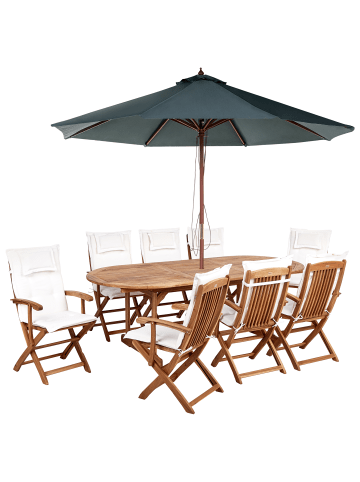 Beliani 10-tlg Gartentisch Set MAUI II in Heller Holzfarbton/Weiß/Grau