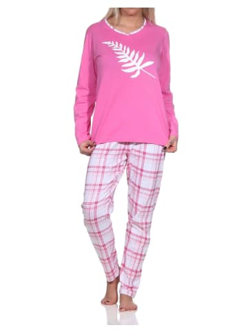 NORMANN Damen Schlafanzug langarm in tollen Farben mit Karo-Muster - 86316 in pink