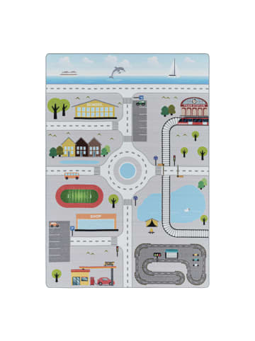 KADIMA DESIGN Teppich Kinder Flachgewebe Spielstraße Antirutsch Kinderzimmer in Grau