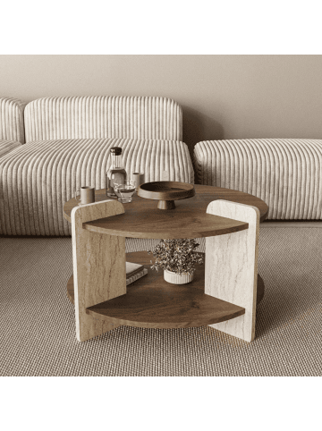 CALICOSY Couchtisch MILO in Walnuss / Travertin - (W) 70  x (H) 45  x (L) 70  cm