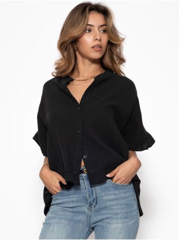 SASSYCLASSY Musselin Bluse mit Rüschensaum in Schwarz