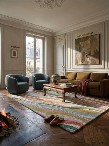 KADIMA DESIGN Teppich Wolle Handgetuftet DERWENT Wellen Muster Wohnzimmer in Multicolor-Grün