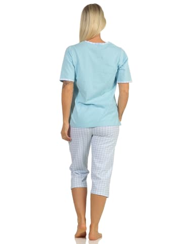 NORMANN kurzarm Capri Schlafanzug Katzen und lang Karo Jersey Hose - 66215 in hellblau