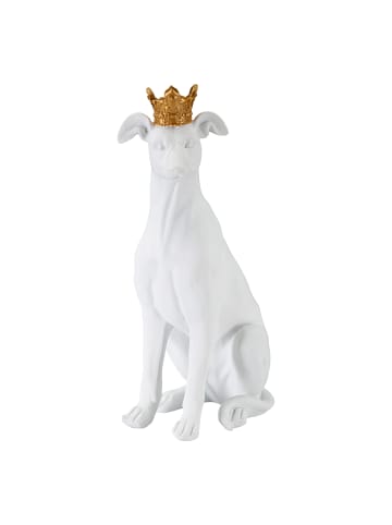 Mauro Ferretti Sitzende Hundestatue aus weißem Kunstharz mit goldener Krone, 20 x 12,5 x 33 cm
